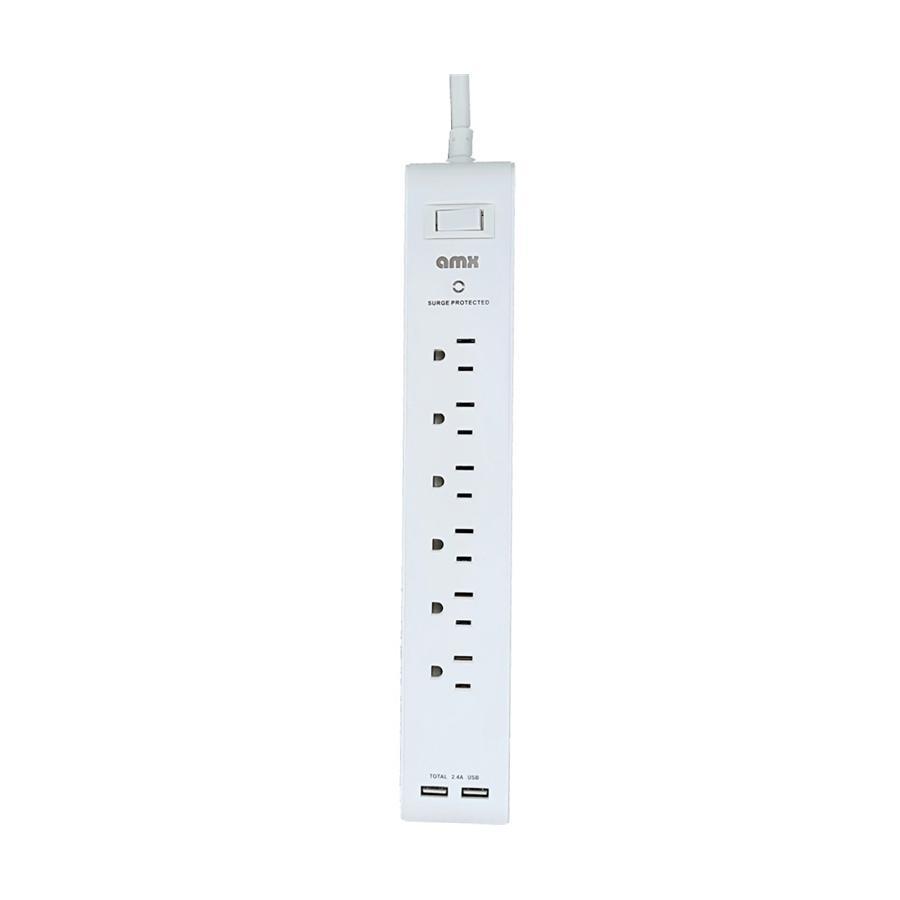 AMX PA-18 Power Bar Power Strip with Surge Protector, 6 Outlets 2 USB Ports 2.4A White - - Mounts For Less