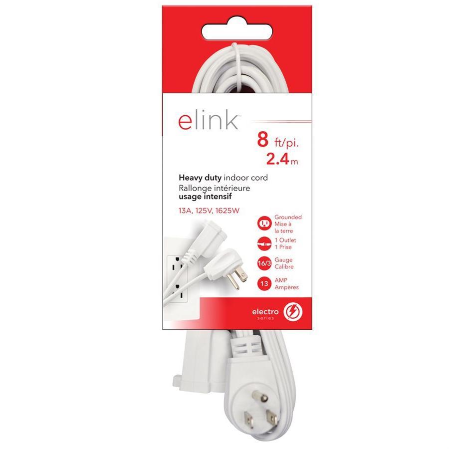 Elink EX-902 - Indoor Heavy Duty Extension Cord, 8 Feet, White - - Mounts For Less