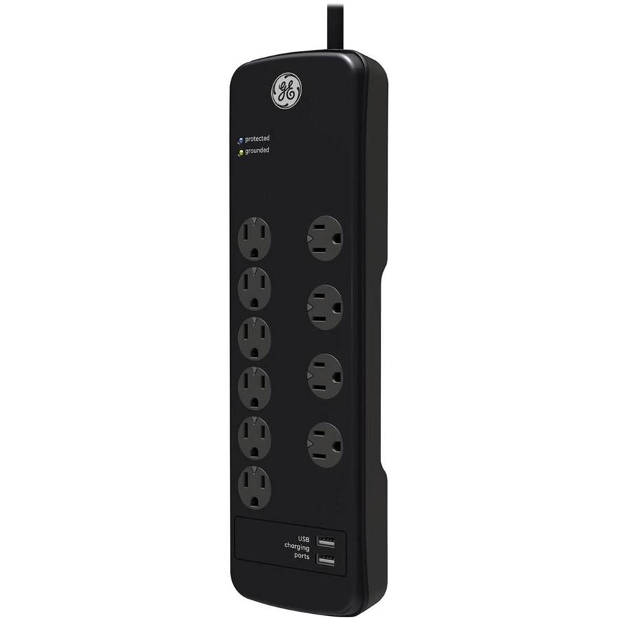 GE 10 Outlet + 2 Charging USB Ports Surge Protector Black - - Mounts For Less