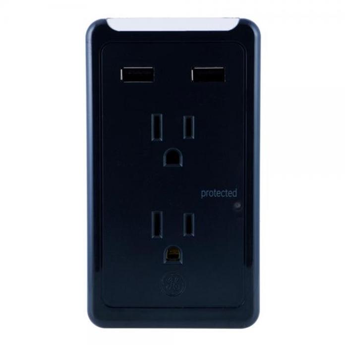 GE 28685 Wall Tap Surge Protector 2 Outlets, 2 USB Ports 450 Joules Black - - Mounts For Less