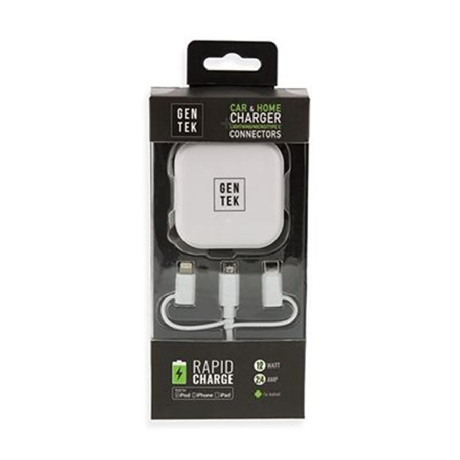 Gentek Car Charger 5 in 1 USB 2.4A with W Micro Type C MFI Lightning Cable White - - Mounts For Less