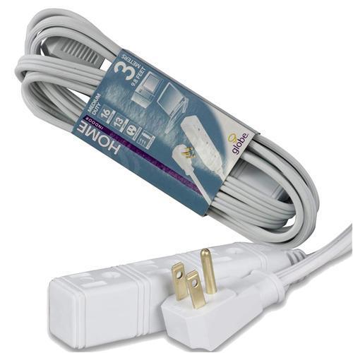 Globe 3 Outlet Grounded Interior Extension Power Bar 10Ft White - - Mounts For Less