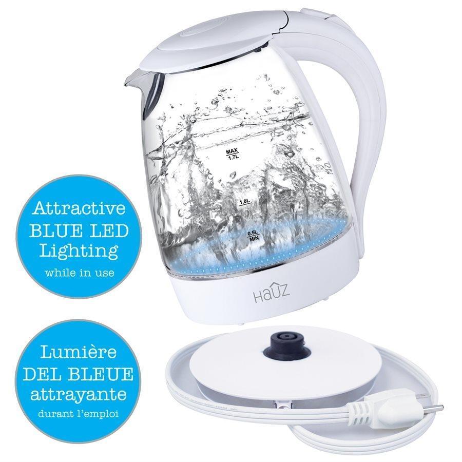 Hauz Blue LED Illuminated Glass Kettle 7 Cups 1.7 Liters White - - Mounts For Less