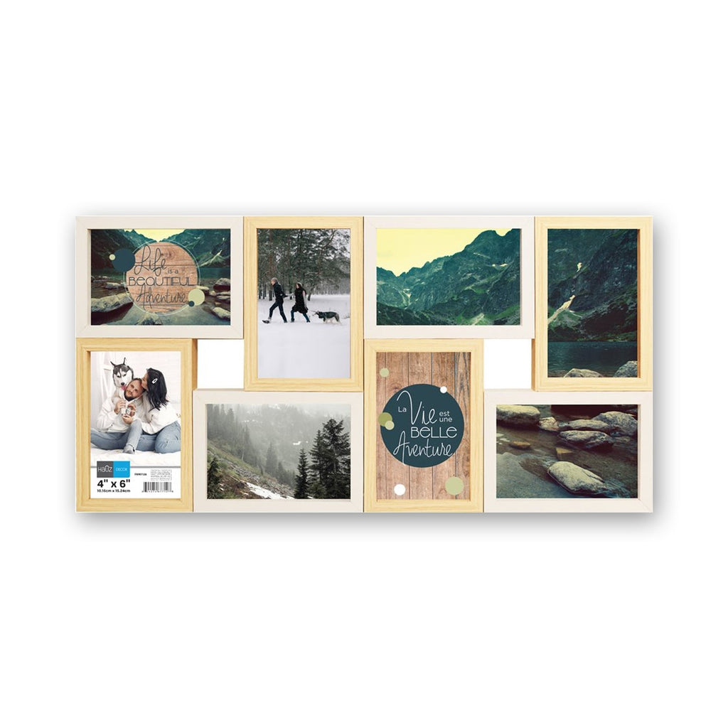 Hauz FRM7128 - 8 Images 4x6 Floating Collage Picture Frame White & Light Wood Look - - Mounts For Less