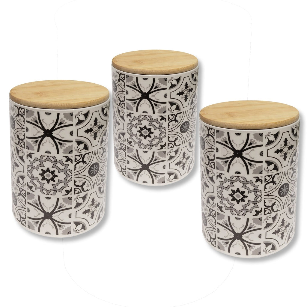 ITY International - Set of 3 Airtight Ceramic Storage Jars with Bamboo Lid, Size Large, White and Black - - Mounts For Less
