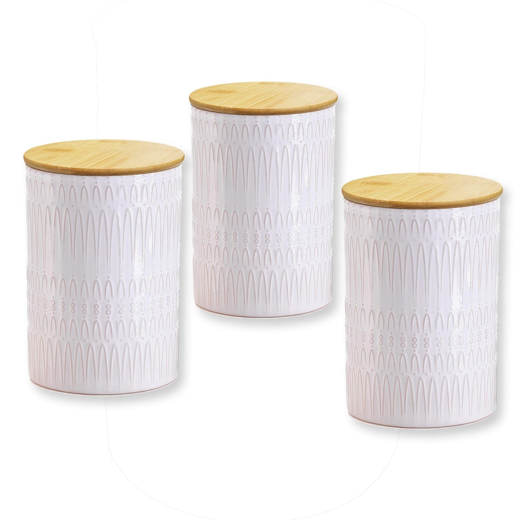 ITY International - Set of 3 Airtight Ceramic Storage Jars with Bamboo Lid, Size Large, White - - Mounts For Less