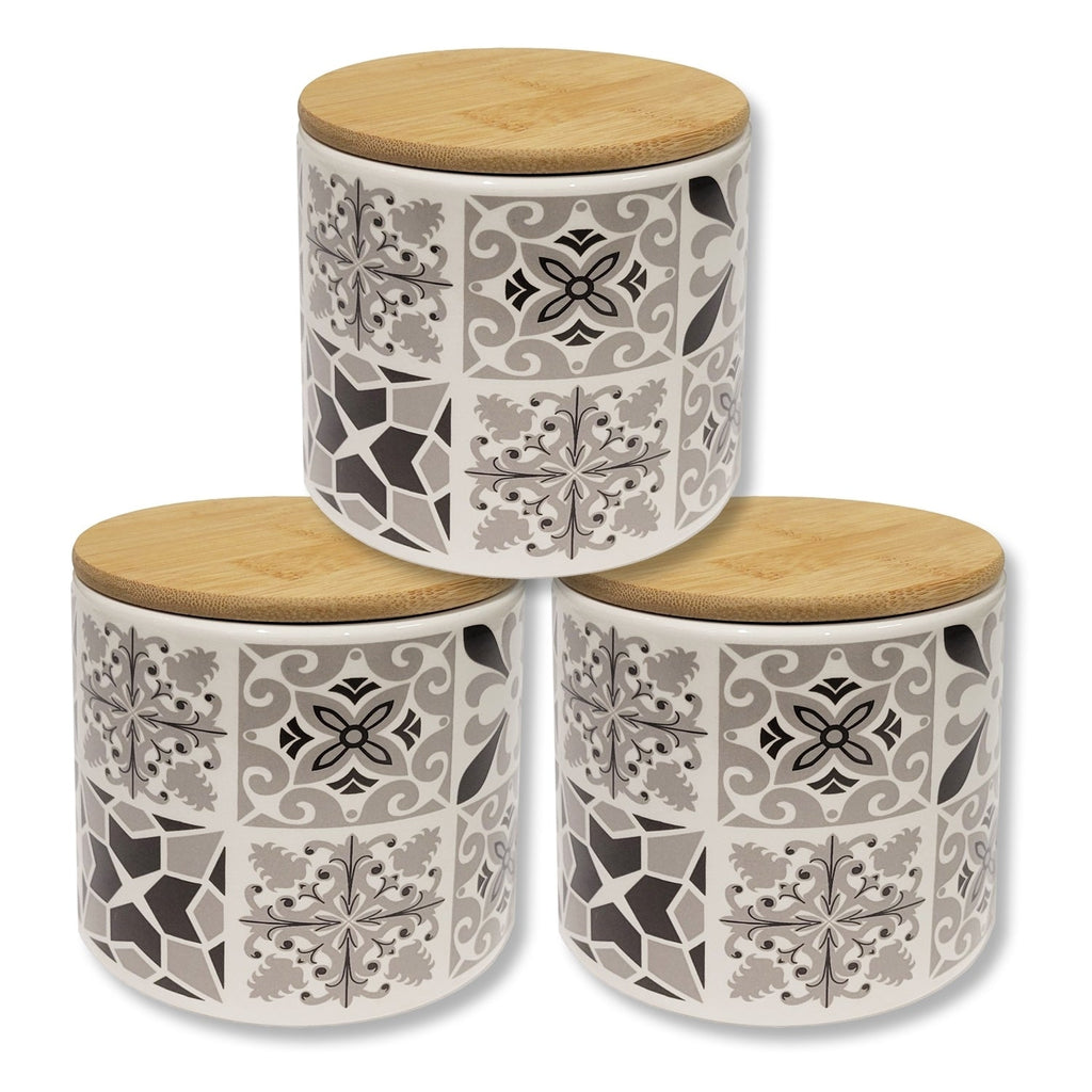 ITY International - Set of 3 Airtight Ceramic Storage Jars with Bamboo Lid, Size Small, White and Black - - Mounts For Less