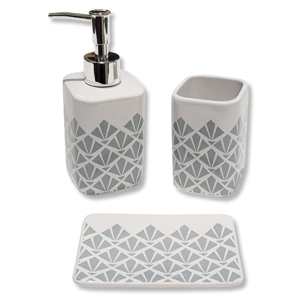 ITY International - Set of 3 Pieces of Bathroom Accessories, Made of Ceramic, White and Grey - - Mounts For Less