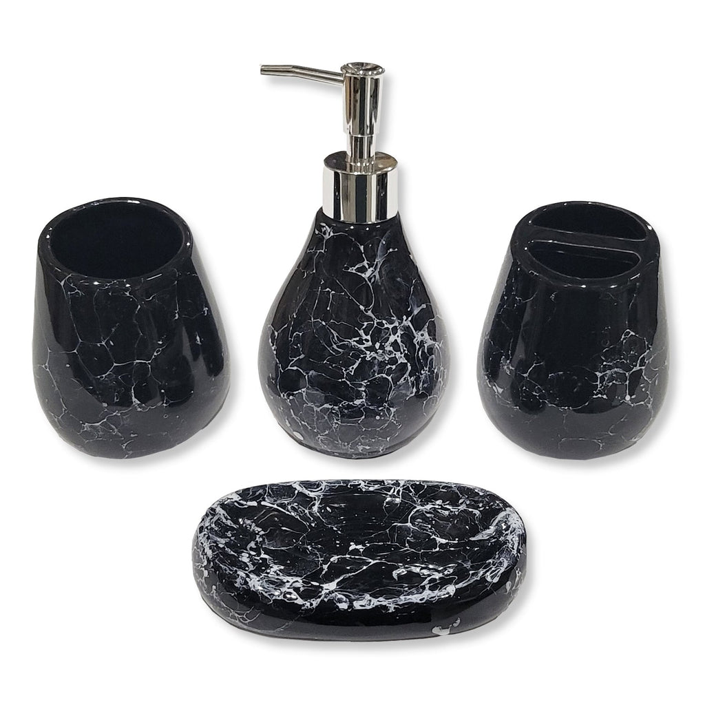ITY International - Set of 4 Pieces of Bathroom Accessories, Made of Ceramic, Black Marble Pattern - - Mounts For Less