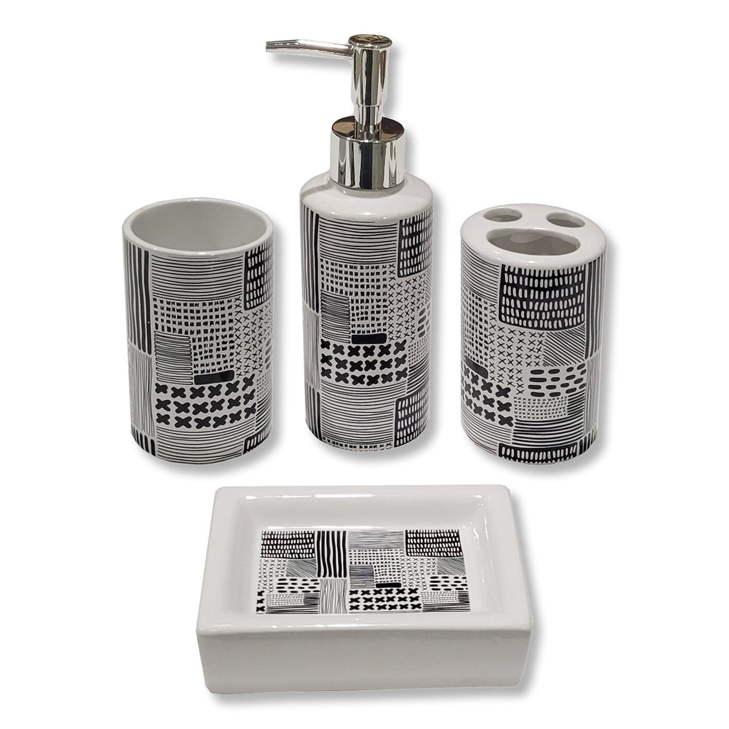 ITY International - Set of 4 Pieces of Bathroom Accessories, Made of Ceramic, Black and White - - Mounts For Less