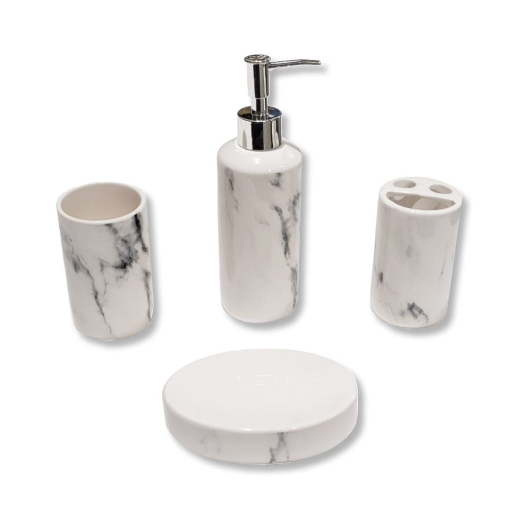 ITY International - Set of 4 Pieces of Bathroom Accessories, Made of Ceramic, White Marble Pattern - - Mounts For Less