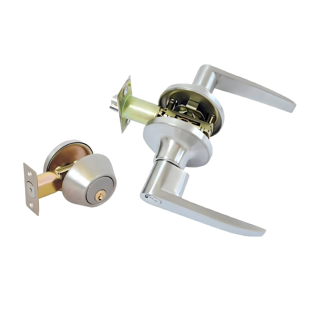 Jessar - Entrance Lever Door Handle with Lock and Deadbolt, Silver - - Mounts For Less