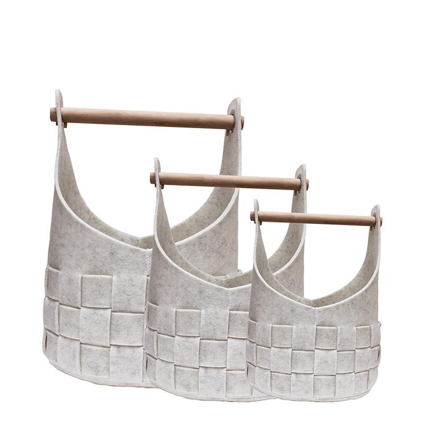 Jessar - Set of 3 Braided Felt Storage Baskets with Wood Handles, White - - Mounts For Less