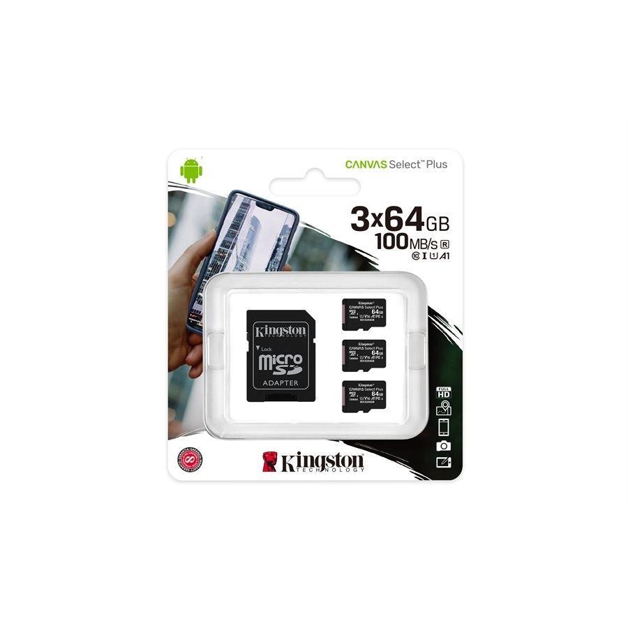 Kingston - Set of 3 Micro SDXC Canvas Select Plus Cards, 100R, A1, C10, 64GB with 1 Adapter - - Mounts For Less