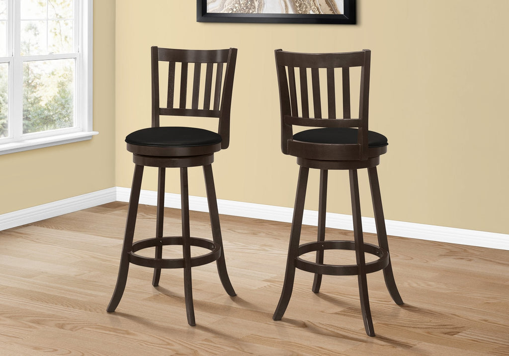Monarch Specialties I 1236 Bar Stool, Set Of 2, Swivel, Bar Height, Wood, Pu Leather Look, Brown, Black, Transitional - - Mounts For Less