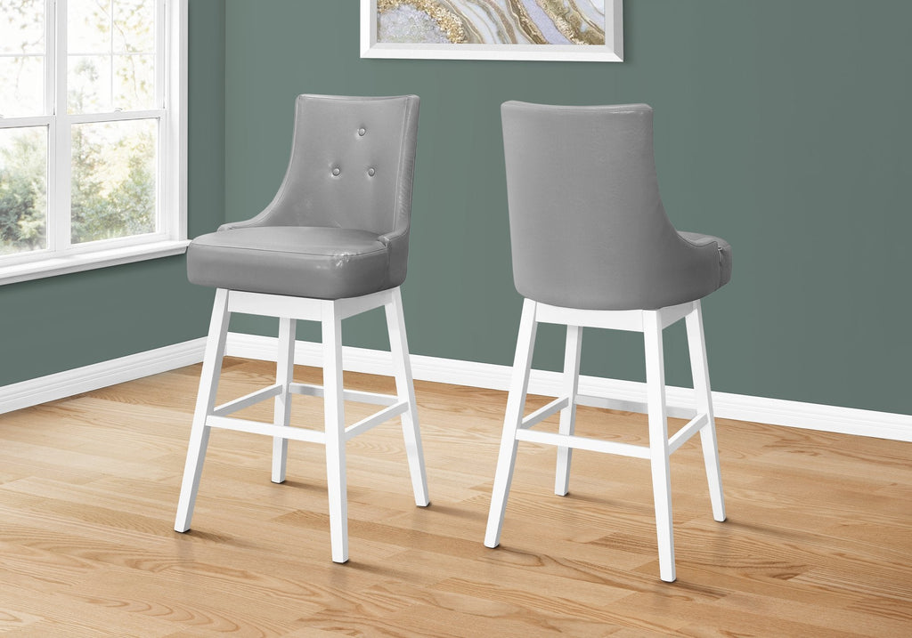 Monarch Specialties I 1243 Bar Stool, Set Of 2, Swivel, Bar Height, Wood, Pu Leather Look, Grey, White, Transitional - - Mounts For Less