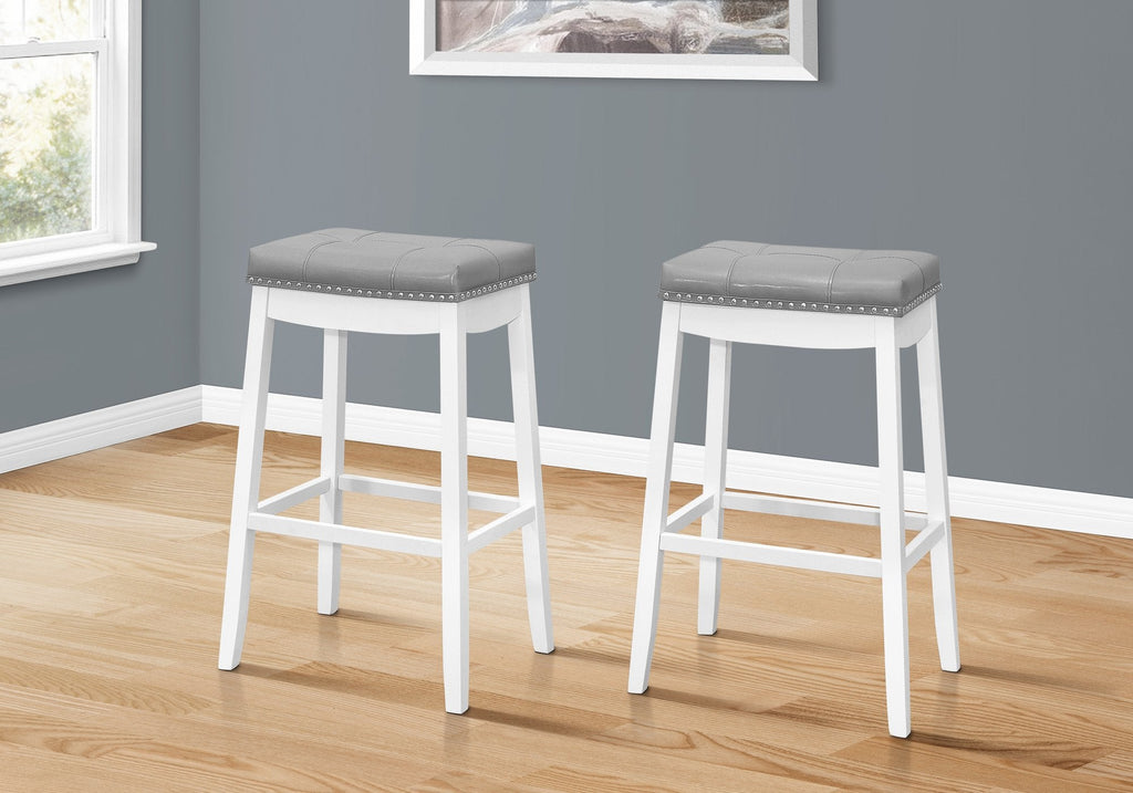 Monarch Specialties I 1262 Bar Stool, Set Of 2, Bar Height, Saddle Seat, Wood, Pu Leather Look, White, Grey, Transitional - - Mounts For Less