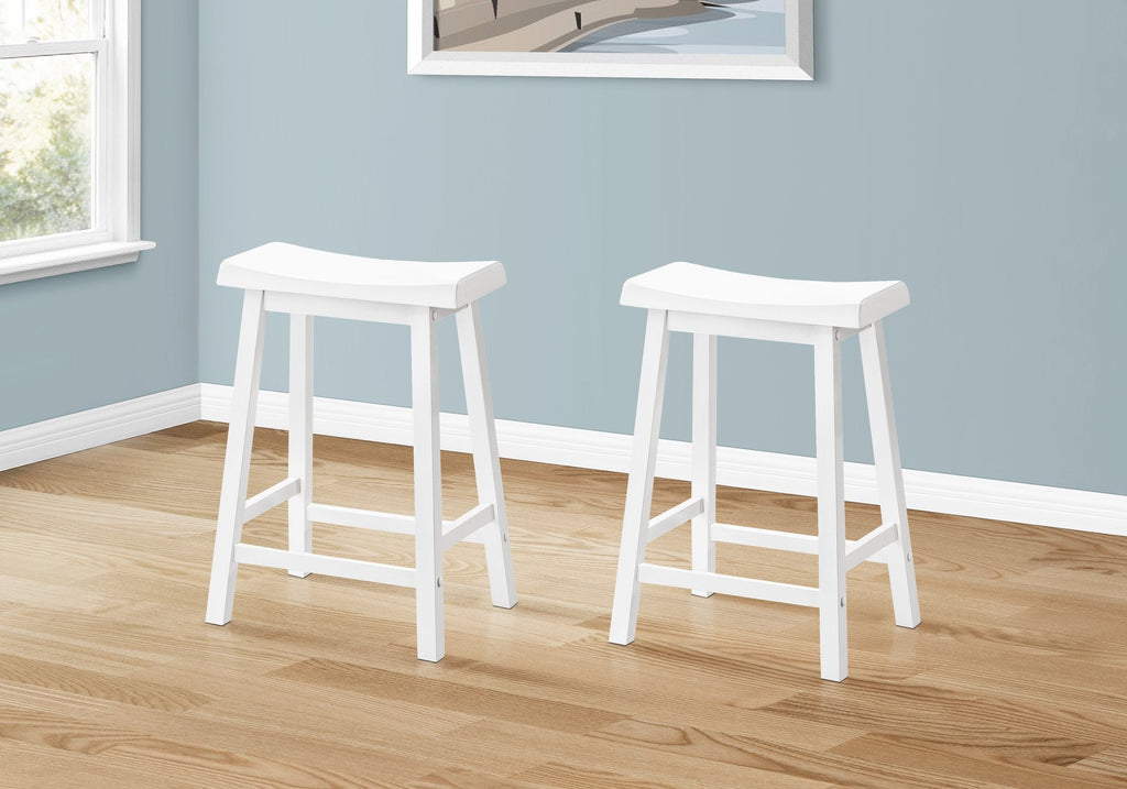Monarch Specialties I 1533 Bar Stool, Set Of 2, Counter Height, Saddle Seat, Kitchen, Wood, White, Contemporary, Modern - - Mounts For Less