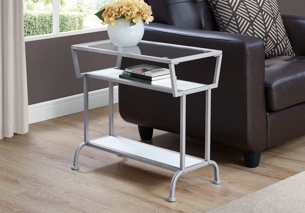 Monarch Specialties I 2068 Accent Table, Side, End, Narrow, Small, 2 Tier, Living Room, Bedroom, Metal, Tempered Glass, Laminate, White, Grey, Contemporary, Modern - - Mounts For Less