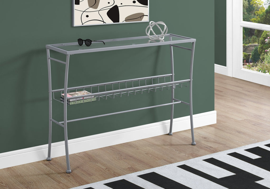 Monarch Specialties I 2128 Accent Table, Console, Entryway, Narrow, Sofa, Living Room, Bedroom, Metal, Tempered Glass, Silver, Clear, Contemporary, Modern - - Mounts For Less