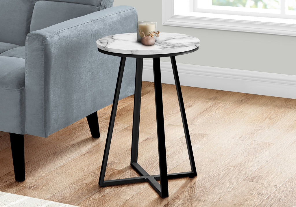 Monarch Specialties I 2178 Accent Table, Side, Round, End, Nightstand, Lamp, Living Room, Bedroom, Metal, Laminate, White Marble Look, Black, Contemporary, Modern - - Mounts For Less