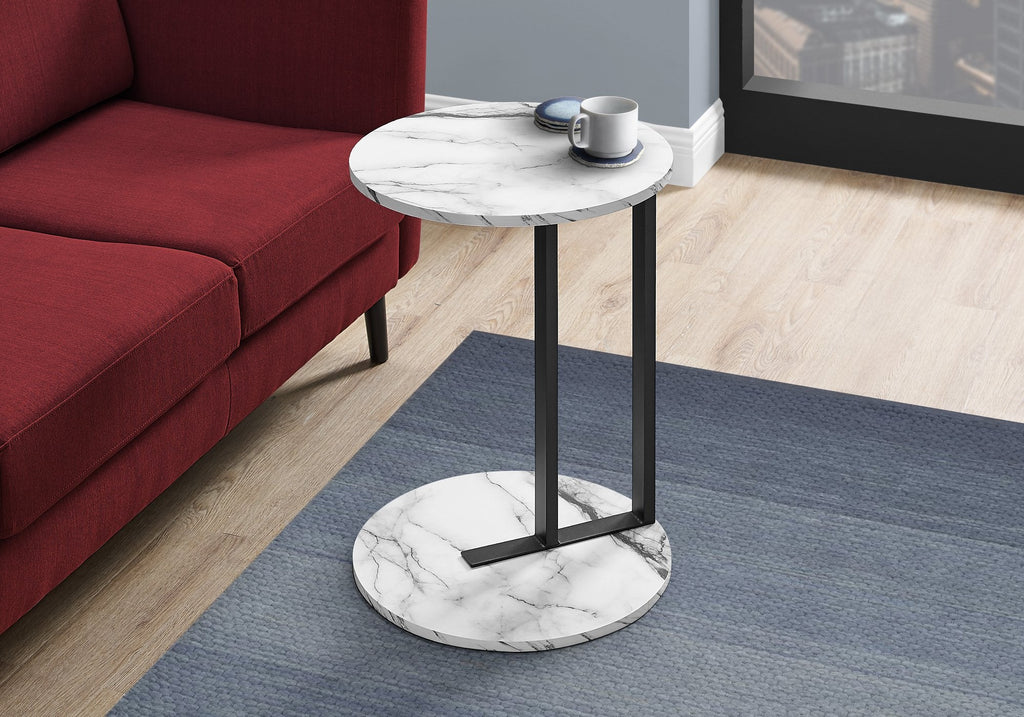 Monarch Specialties I 2210 Accent Table, Side, Round, End, Nightstand, Lamp, Living Room, Bedroom, Metal, Laminate, White Marble Look, Black, Contemporary, Modern - - Mounts For Less