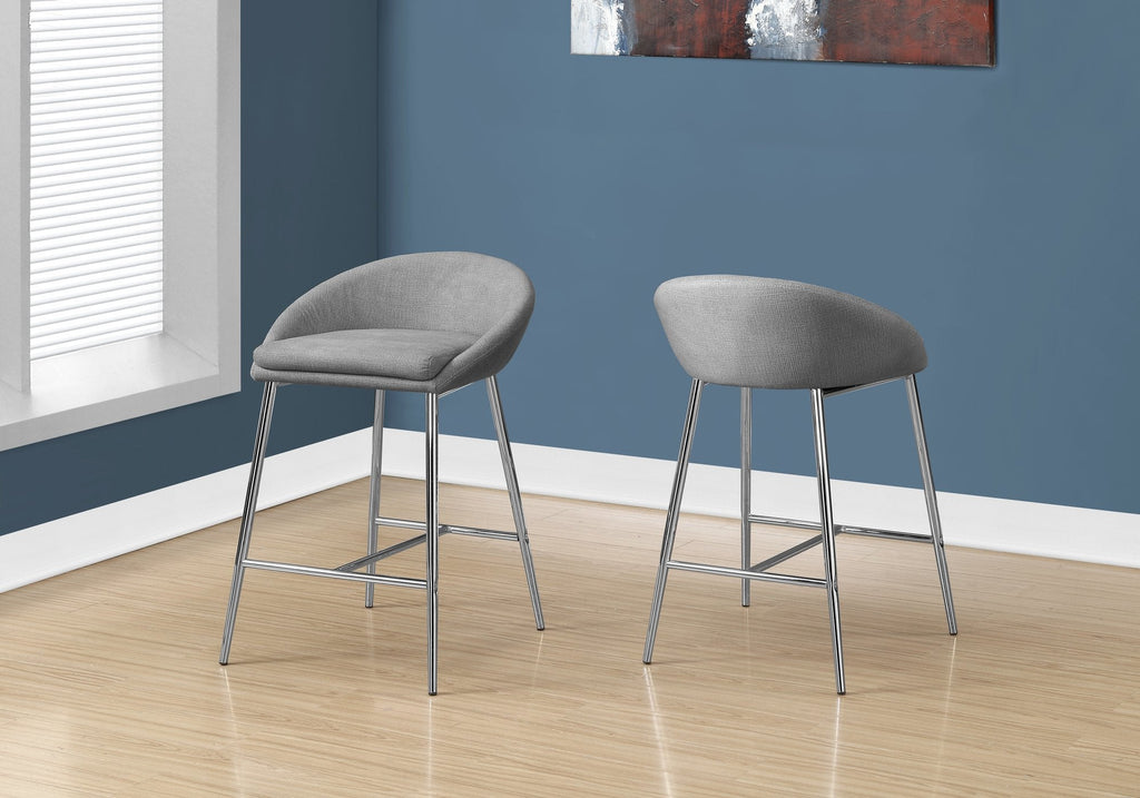 Monarch Specialties I 2298 Bar Stool, Set Of 2, Counter Height, Kitchen, Metal, Fabric, Grey, Chrome, Contemporary, Modern - - Mounts For Less