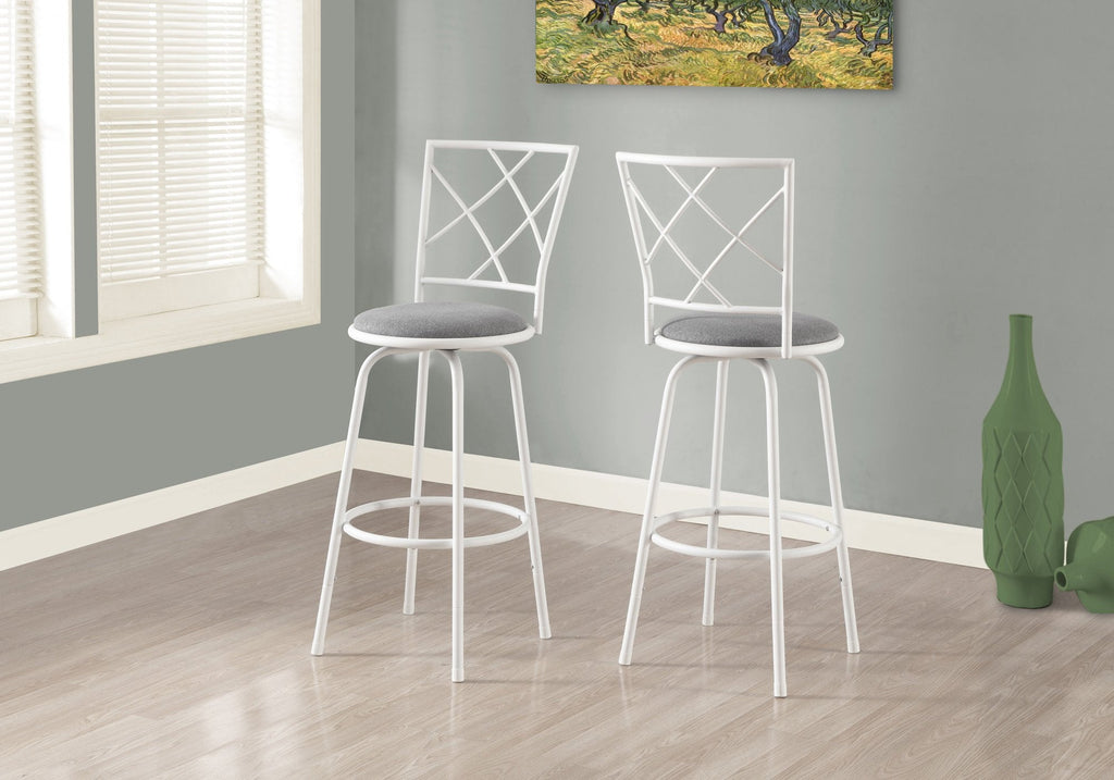 Monarch Specialties I 2377 Bar Stool, Set Of 2, Swivel, Bar Height, Metal, Fabric, White, Grey, Contemporary, Modern - - Mounts For Less