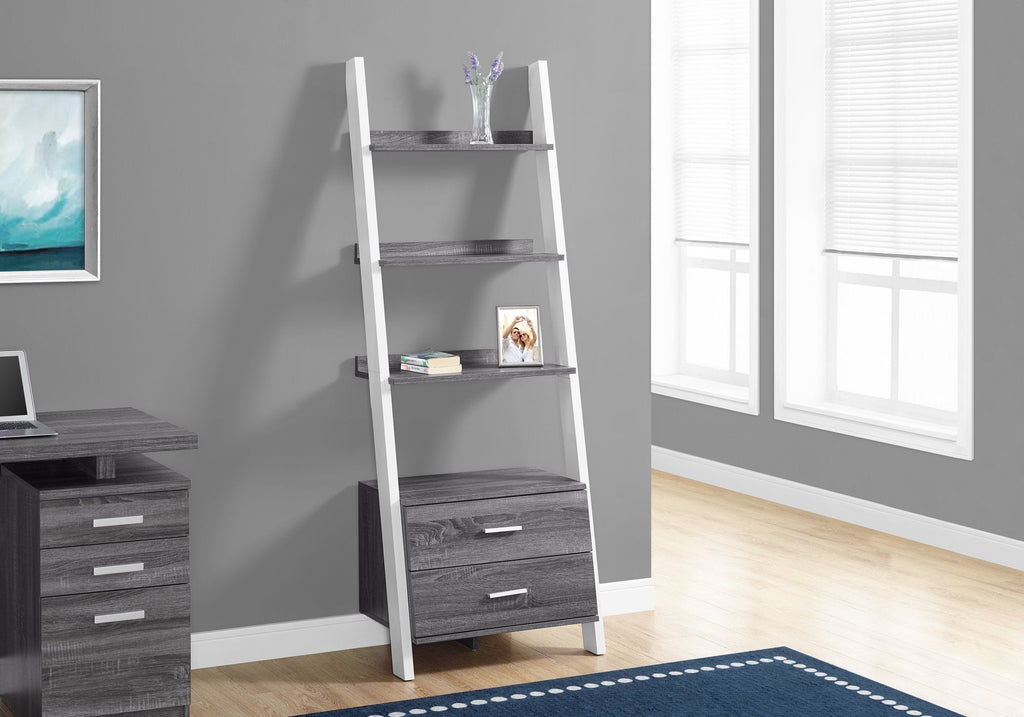 Monarch Specialties I 2756 Bookshelf, Bookcase, Etagere, Ladder, 4 Tier, 69"h, Office, Bedroom, Laminate, Grey, White, Contemporary, Modern - - Mounts For Less