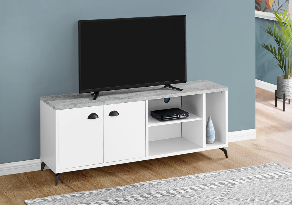 Monarch Specialties I 2841 Tv Stand, 60 Inch, Console, Media Entertainment Center, Storage Cabinet, Living Room, Bedroom, Laminate, Metal, Grey, White, Contemporary, Modern - - Mounts For Less
