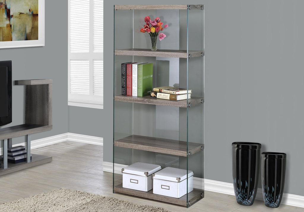 Monarch Specialties I 3060 Bookshelf, Bookcase, Etagere, 5 Tier, 60"h, Office, Bedroom, Tempered Glass, Laminate, Brown, Clear, Contemporary, Modern - - Mounts For Less