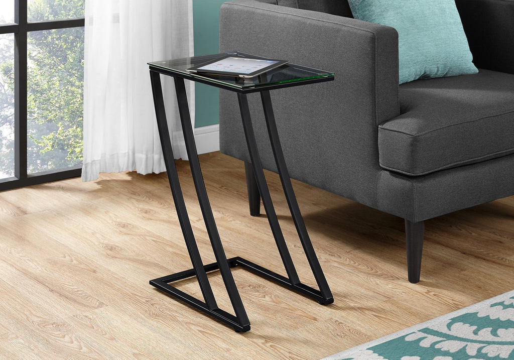 Monarch Specialties I 3089 Accent Table, C-shaped, End, Side, Snack, Living Room, Bedroom, Metal, Tempered Glass, Black, Contemporary, Modern - - Mounts For Less