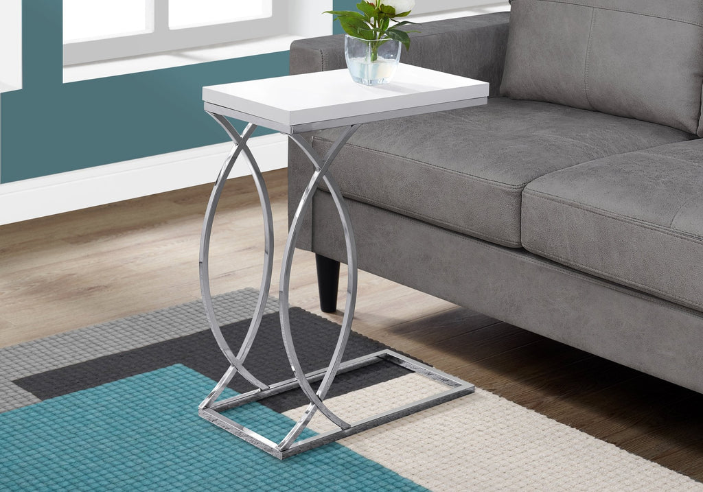 Monarch Specialties I 3184 Accent Table, C-shaped, End, Side, Snack, Living Room, Bedroom, Metal, Laminate, Glossy White, Chrome, Contemporary, Modern - - Mounts For Less