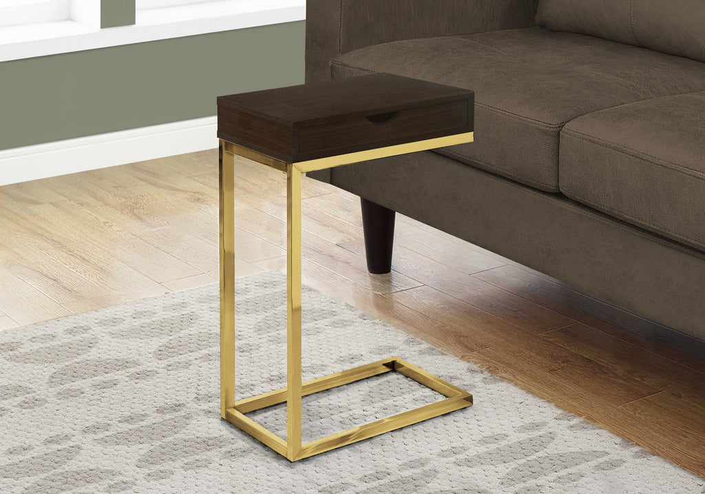 Monarch Specialties I 3236 Accent Table, C-shaped, End, Side, Snack, Storage Drawer, Living Room, Bedroom, Metal, Laminate, Brown, Gold, Contemporary, Modern - - Mounts For Less