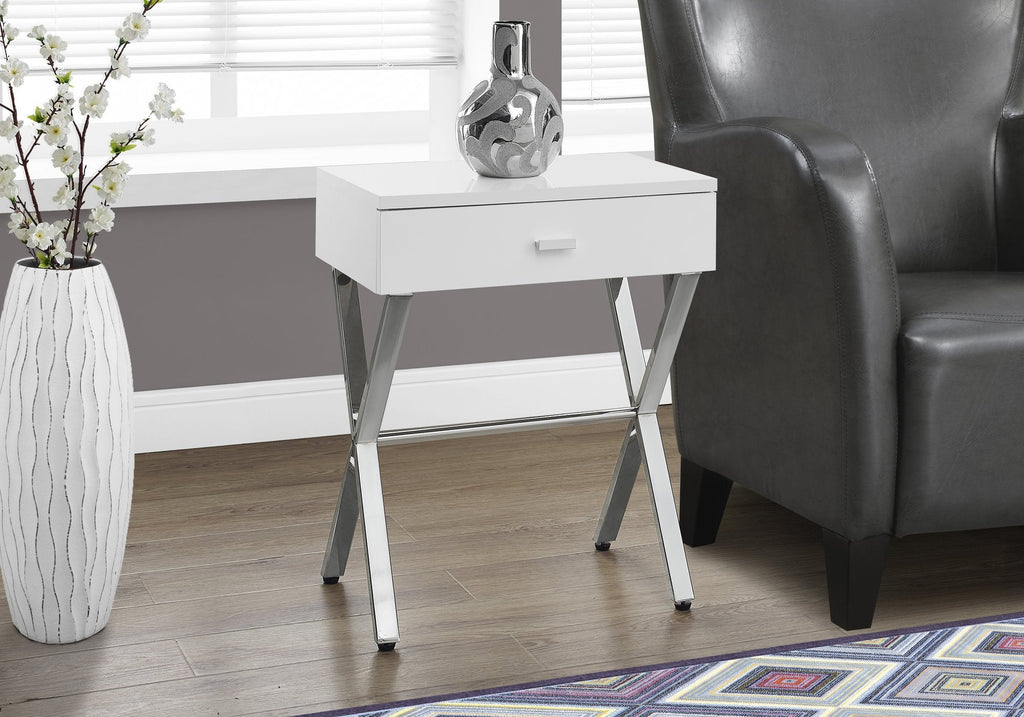 Monarch Specialties I 3262 Accent Table, Side, End, Nightstand, Lamp, Storage Drawer, Living Room, Bedroom, Metal, Laminate, Glossy White, Chrome, Contemporary, Modern - - Mounts For Less