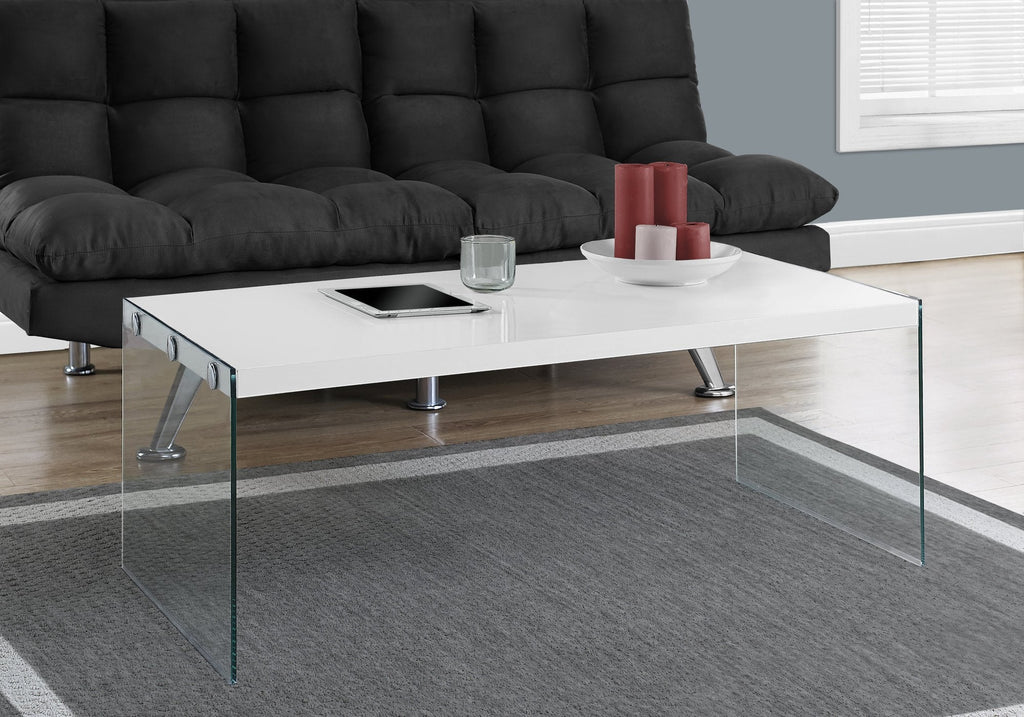 Monarch Specialties I 3286 Coffee Table, Accent, Cocktail, Rectangular, Living Room, 44"l, Tempered Glass, Laminate, Glossy White, Clear, Contemporary, Modern - - Mounts For Less