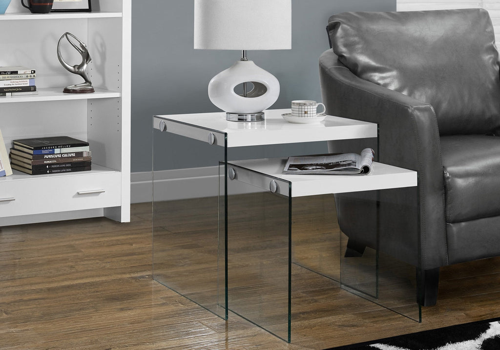 Monarch Specialties I 3287 Nesting Table, Set Of 2, Side, End, Accent, Living Room, Bedroom, Tempered Glass, Laminate, Glossy White, Clear, Contemporary, Modern - - Mounts For Less
