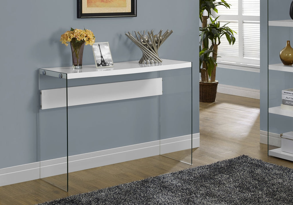 Monarch Specialties I 3288 Accent Table, Console, Entryway, Narrow, Sofa, Living Room, Bedroom, Tempered Glass, Laminate, Glossy White, Clear, Contemporary, Modern - - Mounts For Less