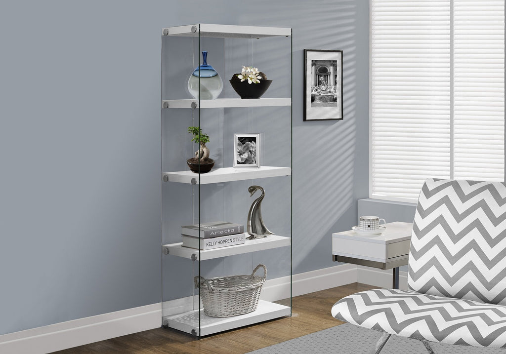 Monarch Specialties I 3289 Bookshelf, Bookcase, Etagere, 5 Tier, 60"h, Office, Bedroom, Tempered Glass, Laminate, Glossy White, Clear, Contemporary, Modern - - Mounts For Less