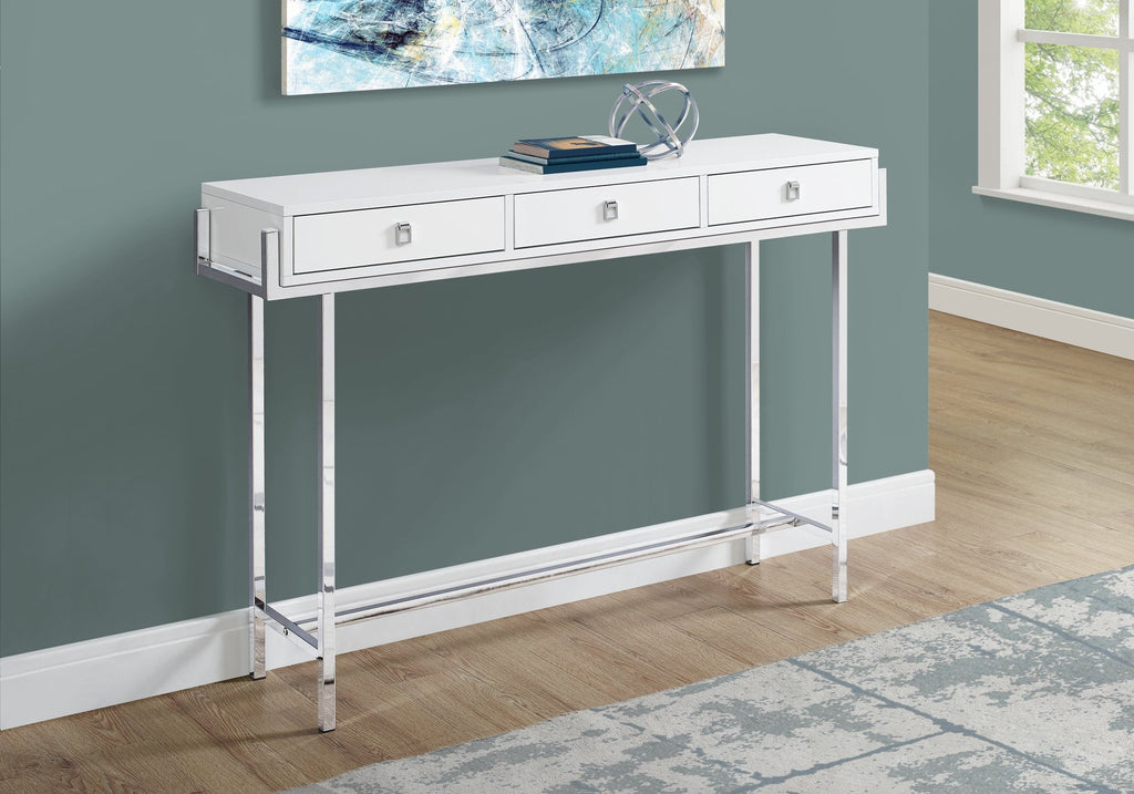 Monarch Specialties I 3297 Accent Table, Console, Entryway, Narrow, Sofa, Storage Drawer, Living Room, Bedroom, Metal, Laminate, Glossy White, Chrome, Contemporary, Modern - - Mounts For Less
