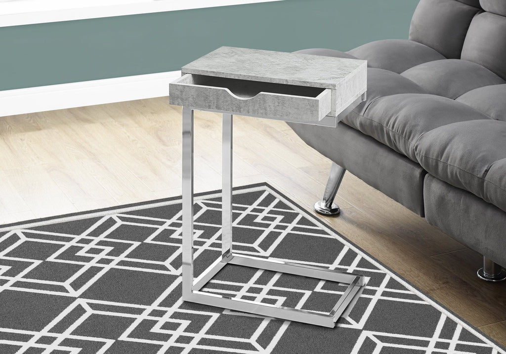 Monarch Specialties I 3373 Accent Table, C-shaped, End, Side, Snack, Storage Drawer, Living Room, Bedroom, Metal, Laminate, Grey, Chrome, Contemporary, Modern - - Mounts For Less