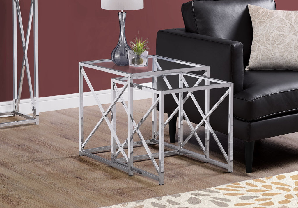 Monarch Specialties I 3441 Nesting Table, Set Of 2, Side, End, Accent, Living Room, Bedroom, Metal, Tempered Glass, Chrome, Clear, Contemporary, Modern - - Mounts For Less