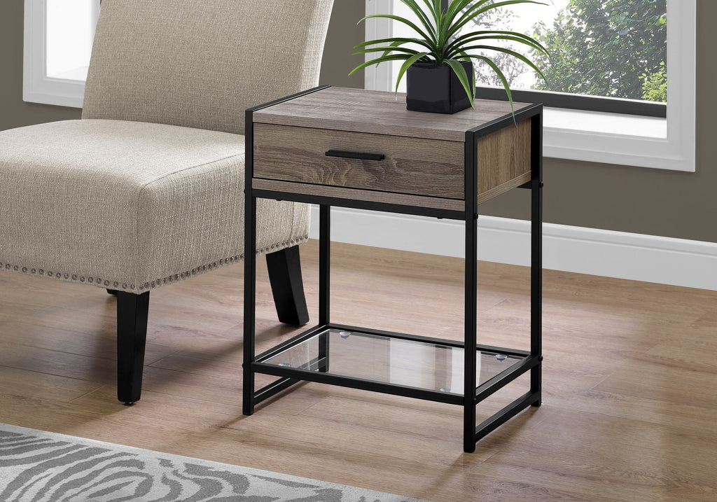 Monarch Specialties I 3501 Accent Table, Side, End, Nightstand, Lamp, Storage Drawer, Living Room, Bedroom, Metal, Laminate, Tempered Glass, Brown, Black, Contemporary, Modern - - Mounts For Less