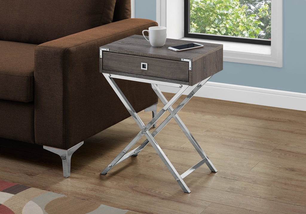 Monarch Specialties I 3555 Accent Table, Side, End, Nightstand, Lamp, Storage Drawer, Living Room, Bedroom, Metal, Laminate, Brown, Chrome, Contemporary, Modern - - Mounts For Less