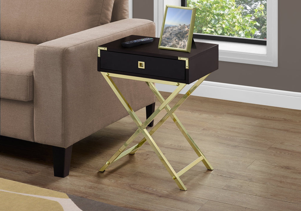Monarch Specialties I 3556 Accent Table, Side, End, Nightstand, Lamp, Storage Drawer, Living Room, Bedroom, Metal, Laminate, Brown, Gold, Contemporary, Modern - - Mounts For Less