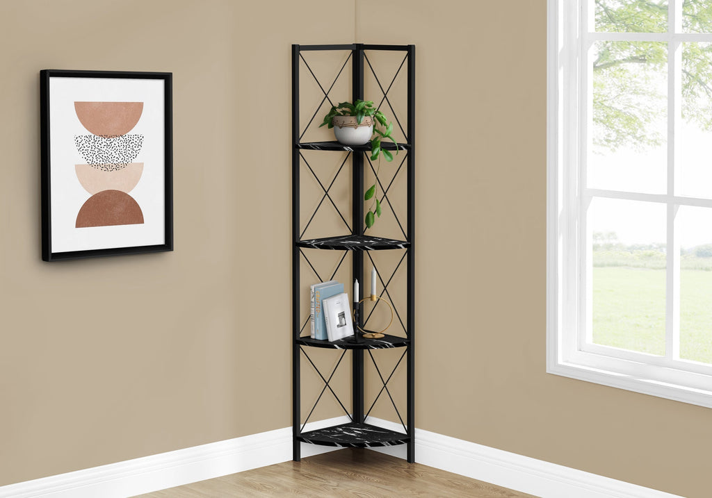 Monarch Specialties I 3650 Bookshelf, Bookcase, Etagere, Corner, 4 Tier, 60"h, Office, Bedroom, Metal, Laminate, Black Marble Look, Contemporary, Modern - - Mounts For Less