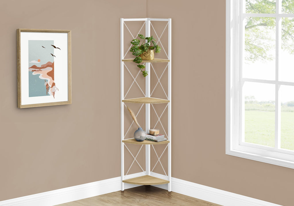 Monarch Specialties I 3652 Bookshelf, Bookcase, Etagere, Corner, 4 Tier, 60"h, Office, Bedroom, Metal, Laminate, Natural, White, Contemporary, Modern - - Mounts For Less