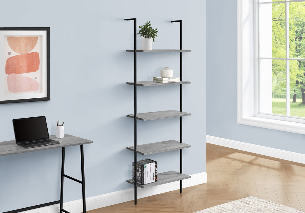 Monarch Specialties I 3681 Bookshelf, Bookcase, Etagere, Ladder, 5 Tier, 72"h, Office, Bedroom, Metal, Laminate, Grey, Black, Contemporary, Modern - - Mounts For Less