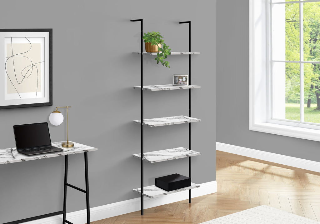 Monarch Specialties I 3685 Bookshelf, Bookcase, Etagere, Ladder, 5 Tier, 72"h, Office, Bedroom, Metal, Laminate, White Marble Look, Black, Contemporary, Modern - - Mounts For Less