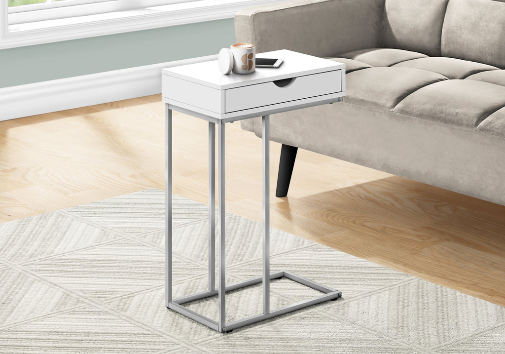 Monarch Specialties I 3774 Accent Table, C-shaped, End, Side, Snack, Storage Drawer, Living Room, Bedroom, Metal, Laminate, White, Grey, Contemporary, Modern - - Mounts For Less